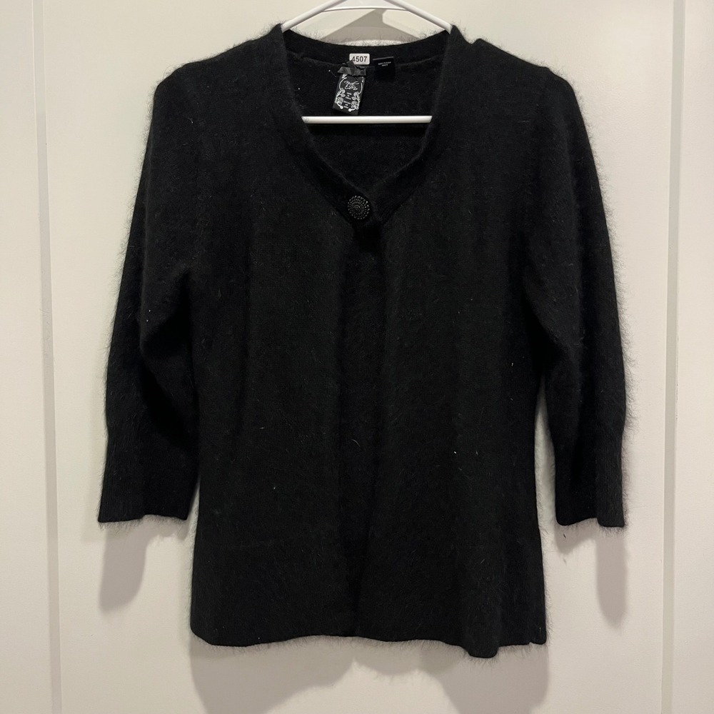 Nick & Mo Black Angora Blend V-Neck Cardigan 3/4 Sleeve Fuzzy Knit Sweater Large